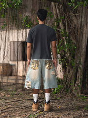 Jorts Denim Light Fade Camo Patchworks