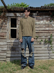 Henley Shirt long Sleeve Waffle Olive Green