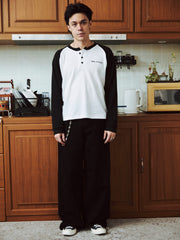 Raglan Long Sleeve Waffle Black-White