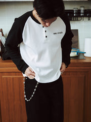 Raglan Long Sleeve Waffle Black-White