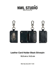 Leather Card Holder Black Silverpin *Crafted by Hand,not mass produced*(Handmade)*