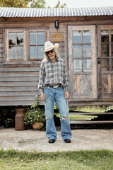 Vixen Long Sleeve Plaid Shirt Grey-Beige